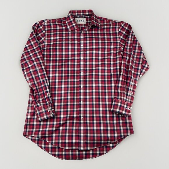 Thomas Pink Dress Shirt Mens 16.5-35 Red/Blue Checks Classic Fit Traveller - Picture 1 of 16